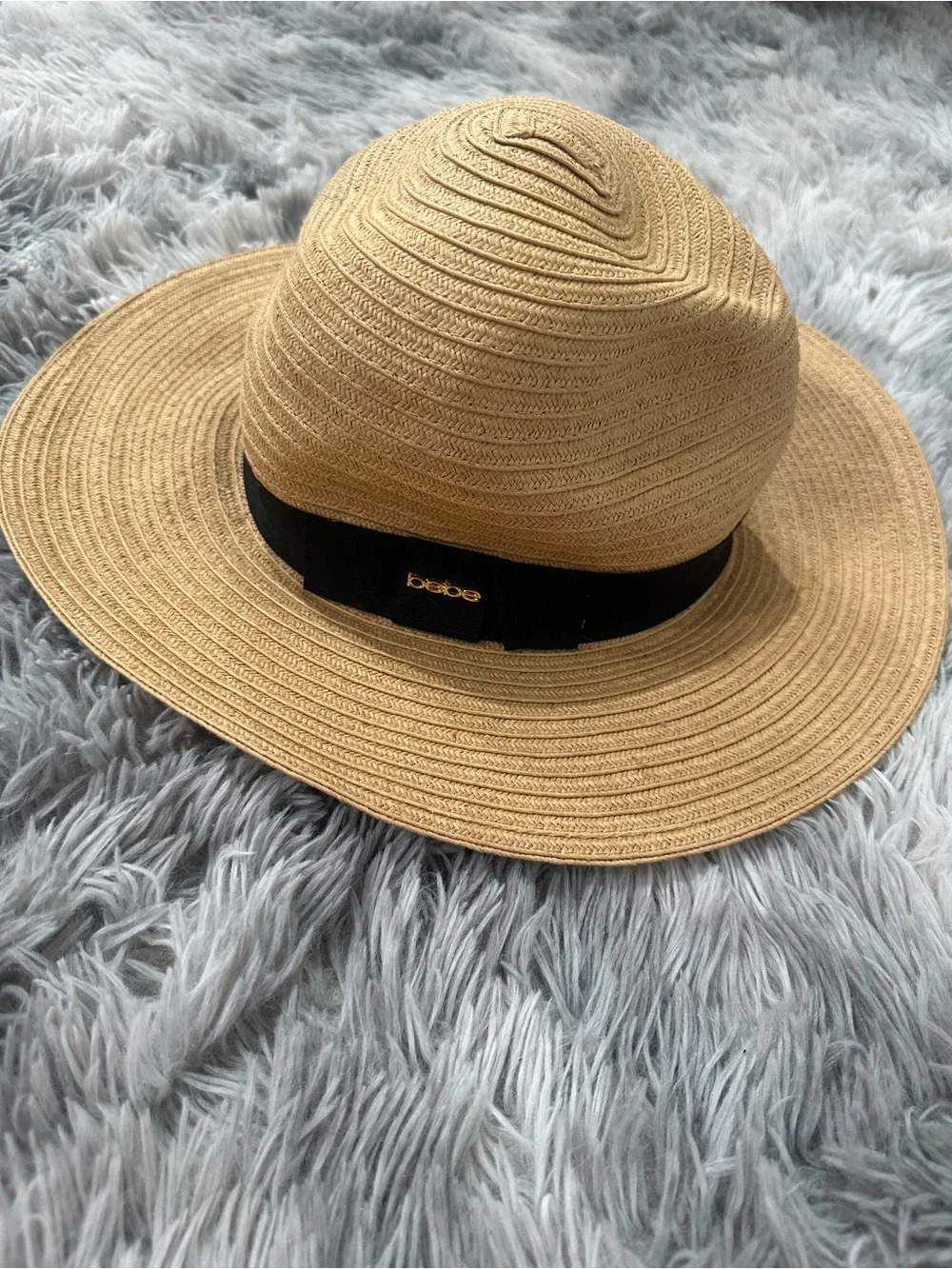 bebe Tan Straw Sun Hat with Black Ribbon and Gold Logo